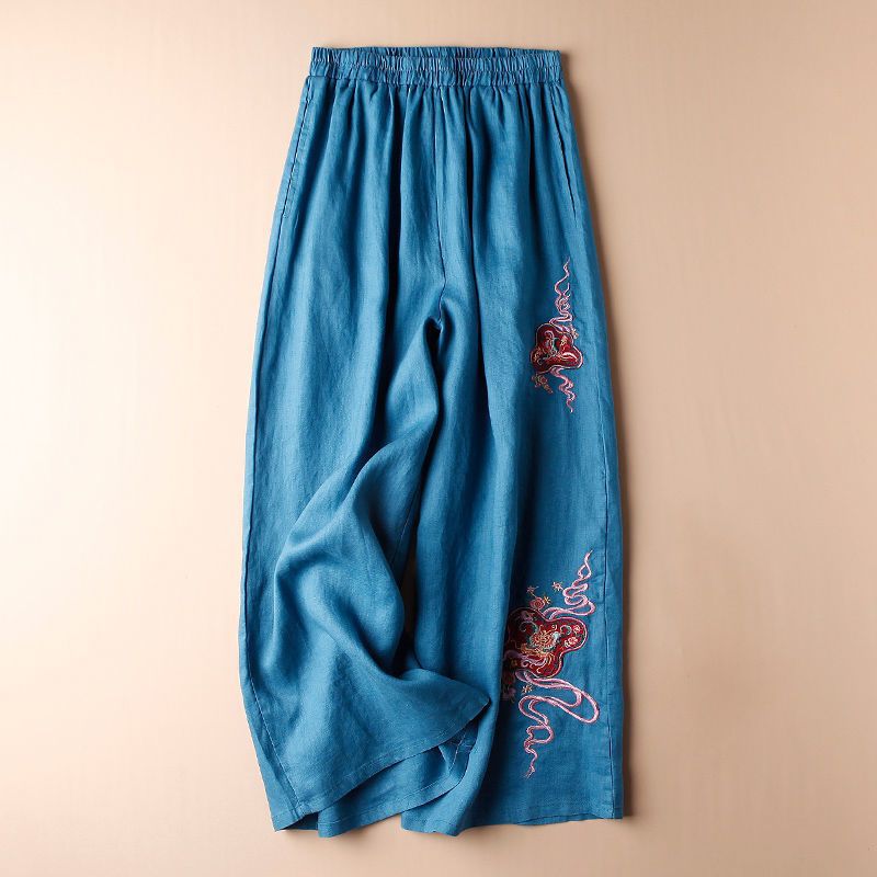 Luxurious Comfort: Blue Palazzo Trousers with Exquisite Embroidery