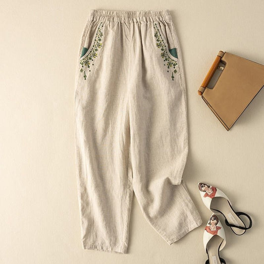 Soft Sophistication: Cream Trousers with Beautiful Embroidery