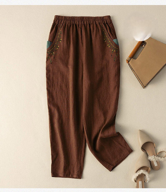 Classic Charm: Brown Trousers with Beautifully Detailed Embroidery