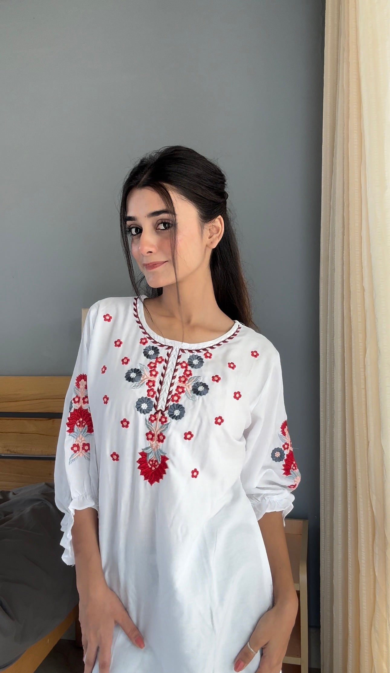 Trendy White long top-tunics with embroidery work for women